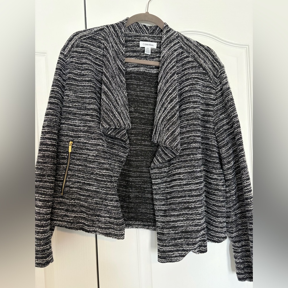 Calvin Klein Black & White Marled Open-Front Cardigan with Gold Zip Accent